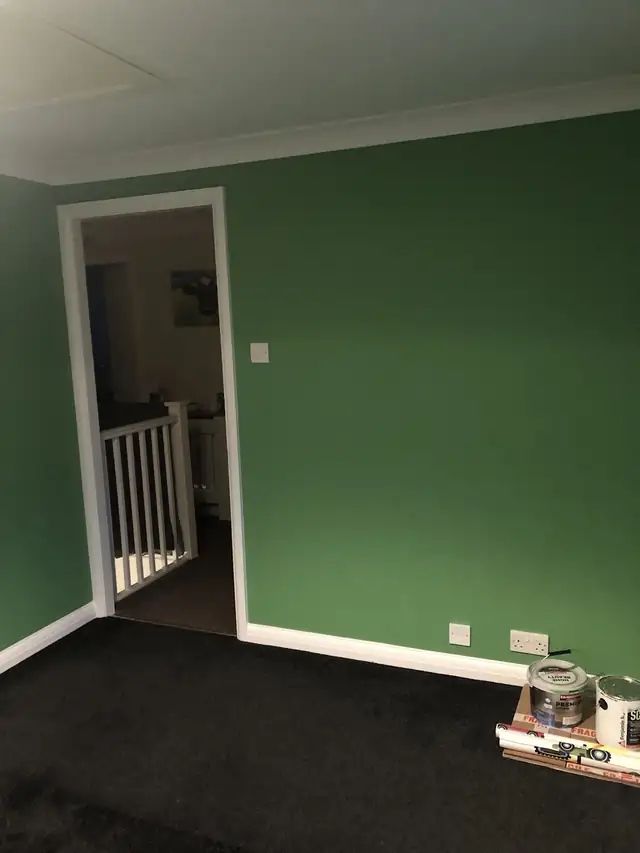 Bright green bedroom walls with white skirting and door frame